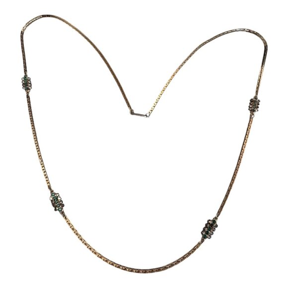 Vintage Hobé Gold Tone Box Link Necklace Emerald Green Rhinestone Accent 28" - Picture 8 of 8